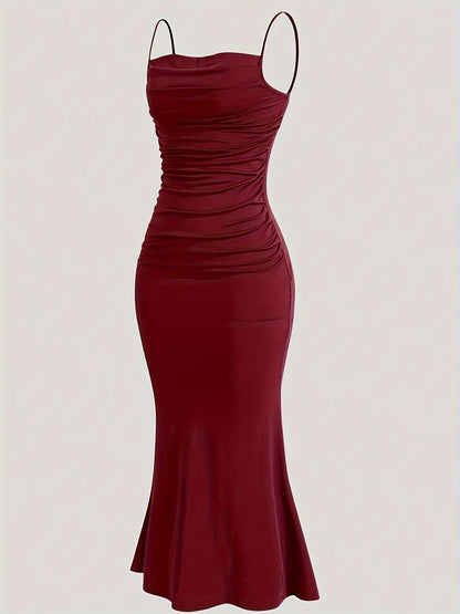 Damen Abendkleid Elegant Maxi Figurbetont mit Drapierung und Spaghettiträgern