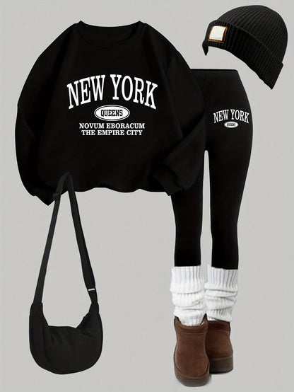 Damen Set: Pullover & Leggings mit 'New York Queens' Print, Rundhalsausschnitt