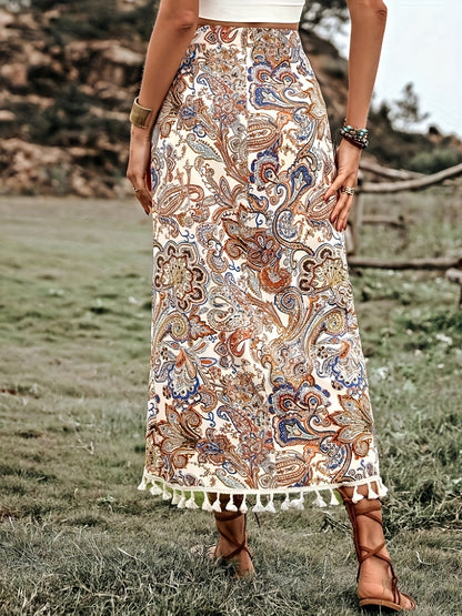 Damen Boho-Wickelrock mit Paisley-Muster und Quasten, Midi, Vintage-Stil, Elegant für Freizeit und Urlaub