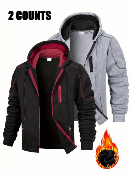 Herren Hoodie mit Reißverschluss 2er-Set, Kontrastnähte & Kapuze, Sport Freizeit