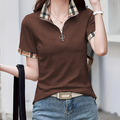 Damen Casual Poloshirt mit Reißverschlusskragen und Karodetails – Modisches Freizeitshirt für Alltag und Ausgehen