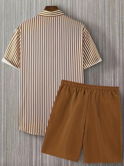 Herren Set mit Kurzarmhemd und Shorts, Modernes Streifen Design, Freizeit Outfit für Sommer und Urlaub