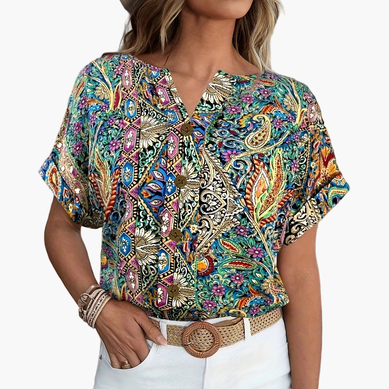 Damen Bluse mit Knopfleiste – Sommerlicher Blumenprint, Kurzarm, Eleganter Freizeit-Look