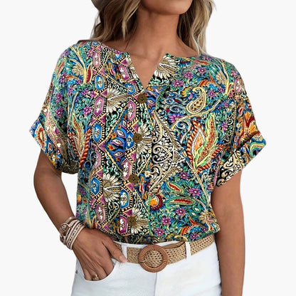 Damen Bluse mit Knopfleiste – Sommerlicher Blumenprint, Kurzarm, Eleganter Freizeit-Look