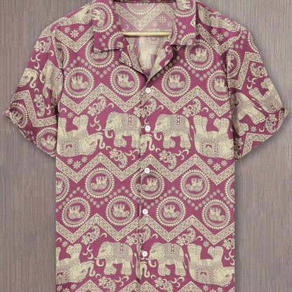 Herren Resorthemd mit Elefanten- und Mandala-Muster, Kurzarm, Boho-Stil für Freizeit und Urlaub