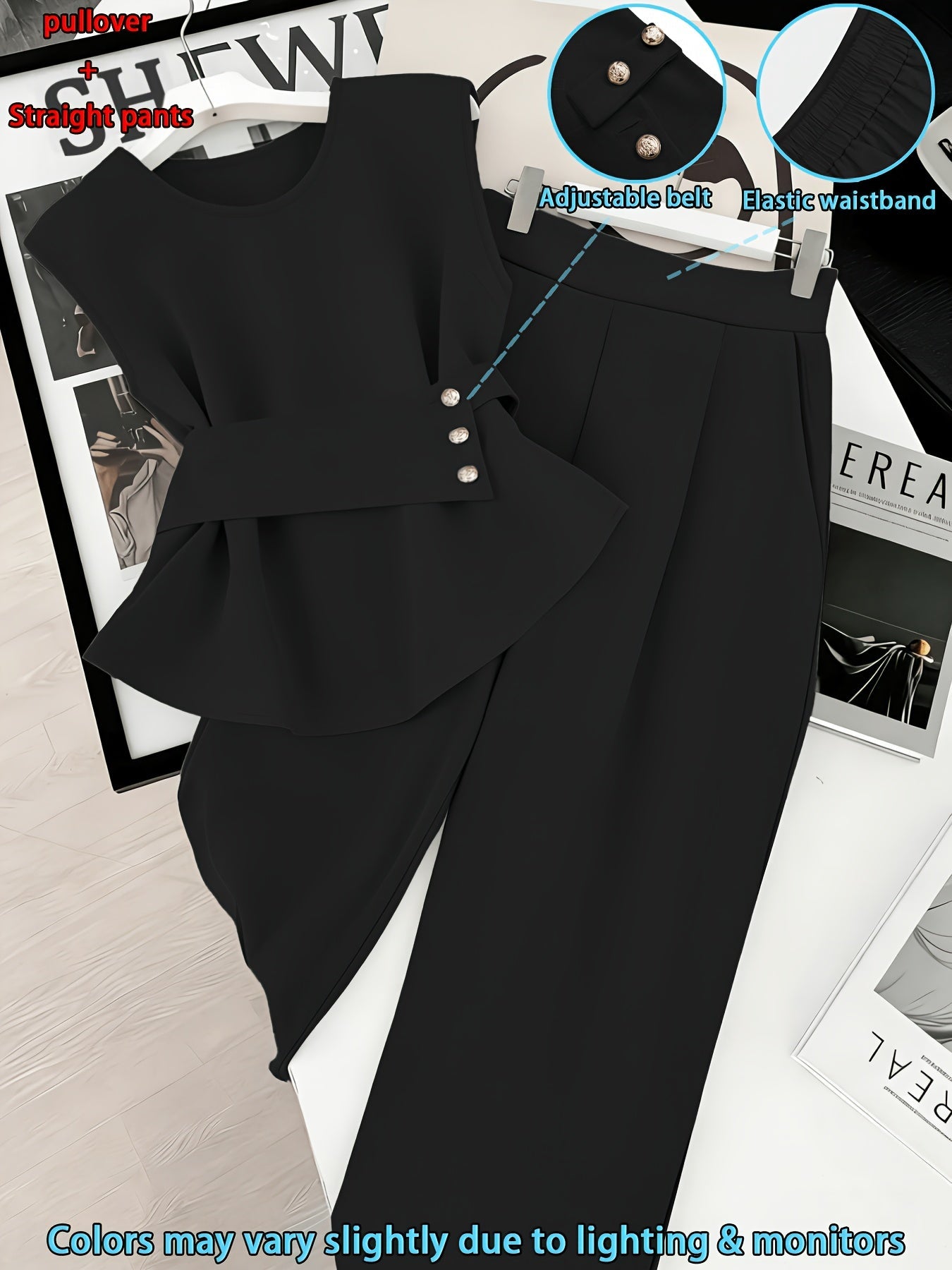 Damen Zweiteiler Set Elegant – Ärmelloses Oberteil mit Gürtel & Gerade Hose, Business & Alltag