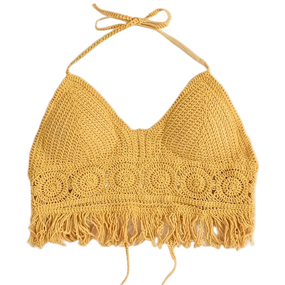 Damen Boho Häkel-Haltertop mit Fransen – Sommer Festival Oberteil