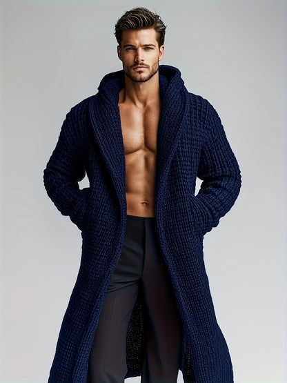 Herren Cardigan Lang Strickpullover Haussweater Dunkelgrau mit Kapuze