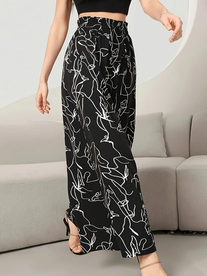 Damen Weite Palazzo-Hose mit Künstlerischem Linienmuster – Modische Statement-Hose für Alltag & Freizeit