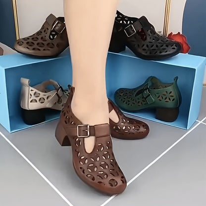 Damen Mary Jane Blockabsatz Schuhe im modischen Cut-Out Design – Stilvolle Alltagsschuhe für Frühling und Freizeit