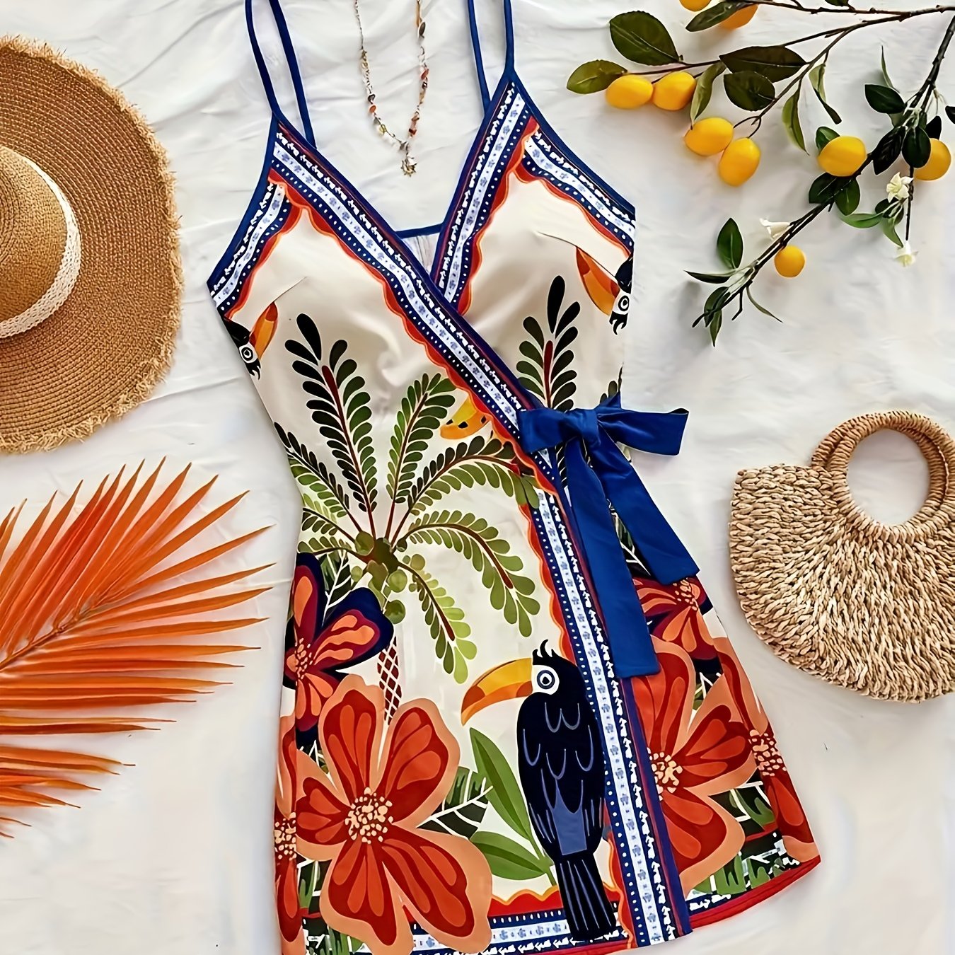 Damen Sommer Wickelkleid mit tropischem Print und Blumenmuster – Ideal für Urlaub und Freizeit