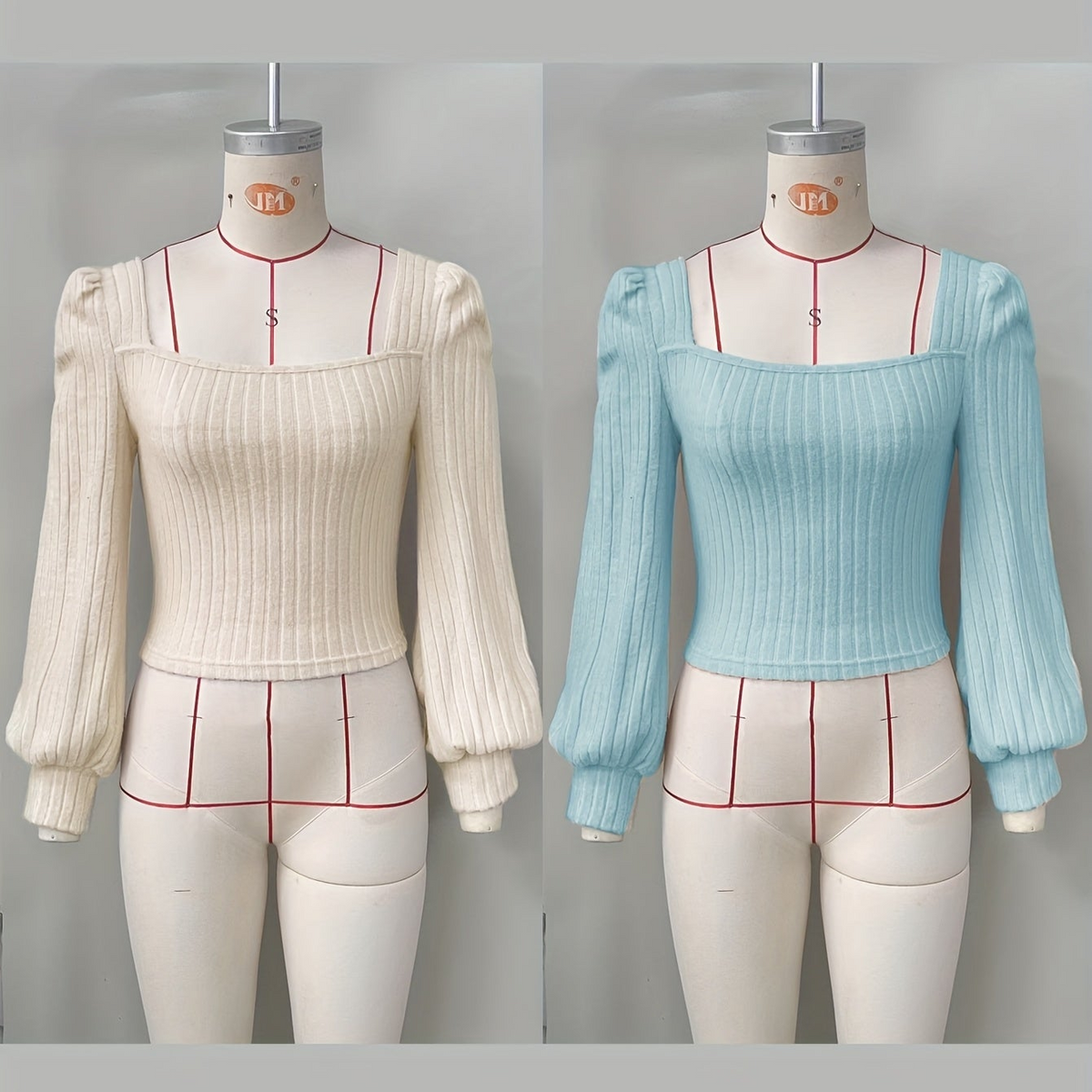 Geripptes Crop-Top Damen mit Puffärmeln & eckigem Ausschnitt