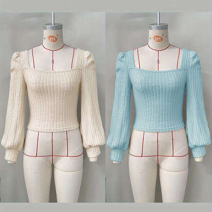 Geripptes Crop-Top Damen mit Puffärmeln & eckigem Ausschnitt