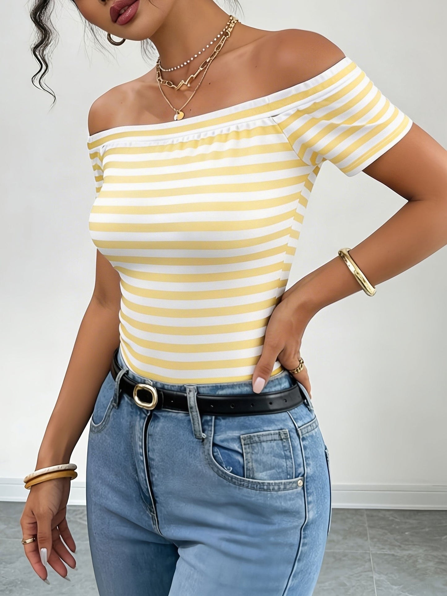 Damen Off-Shoulder Streifenshirt – Elegantes, Schulterfreies Oberteil für Alltag und Freizeit