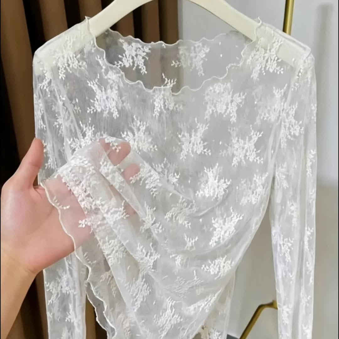 Damen Langarm-Spitzenshirt mit floraler Stickerei und transparentem Design – Elegantes Oberteil für besondere Anlässe