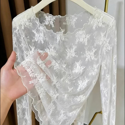 Damen Langarm-Spitzenshirt mit floraler Stickerei und transparentem Design – Elegantes Oberteil für besondere Anlässe