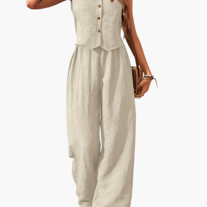 Damen Zweiteiler Jumpsuit mit Weste und Knopfleiste – Eleganter Sommeranzug für Alltag und Urlaub