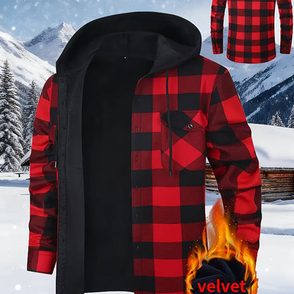 Herren Kariertes Hemdjacke mit Kapuze Gefüttert Warm Grün Schwarz