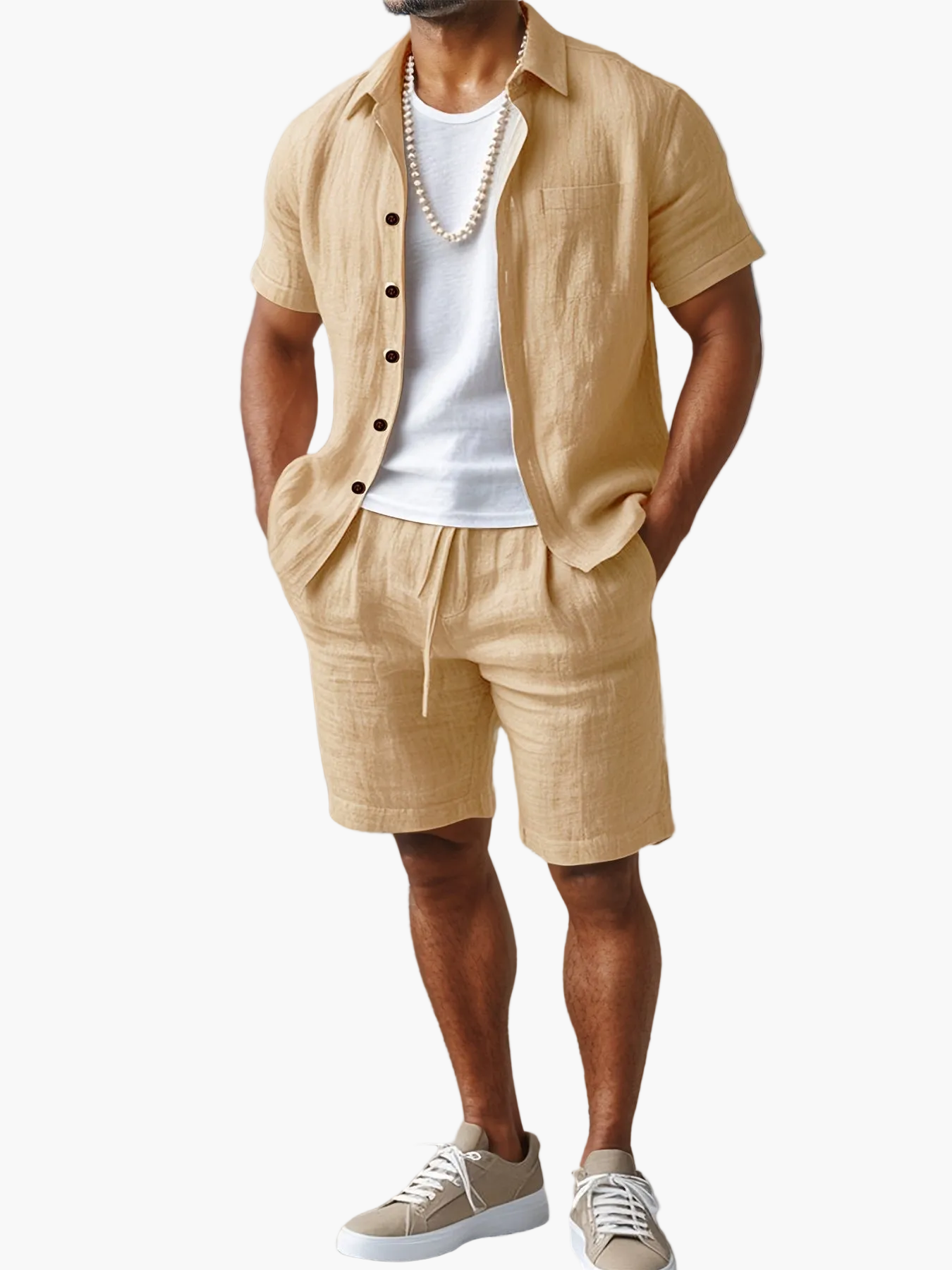 Herren Leinen-Look Strand Outfit Set – Kurzarm Hemd & Shorts, Lässig Sommer Boho