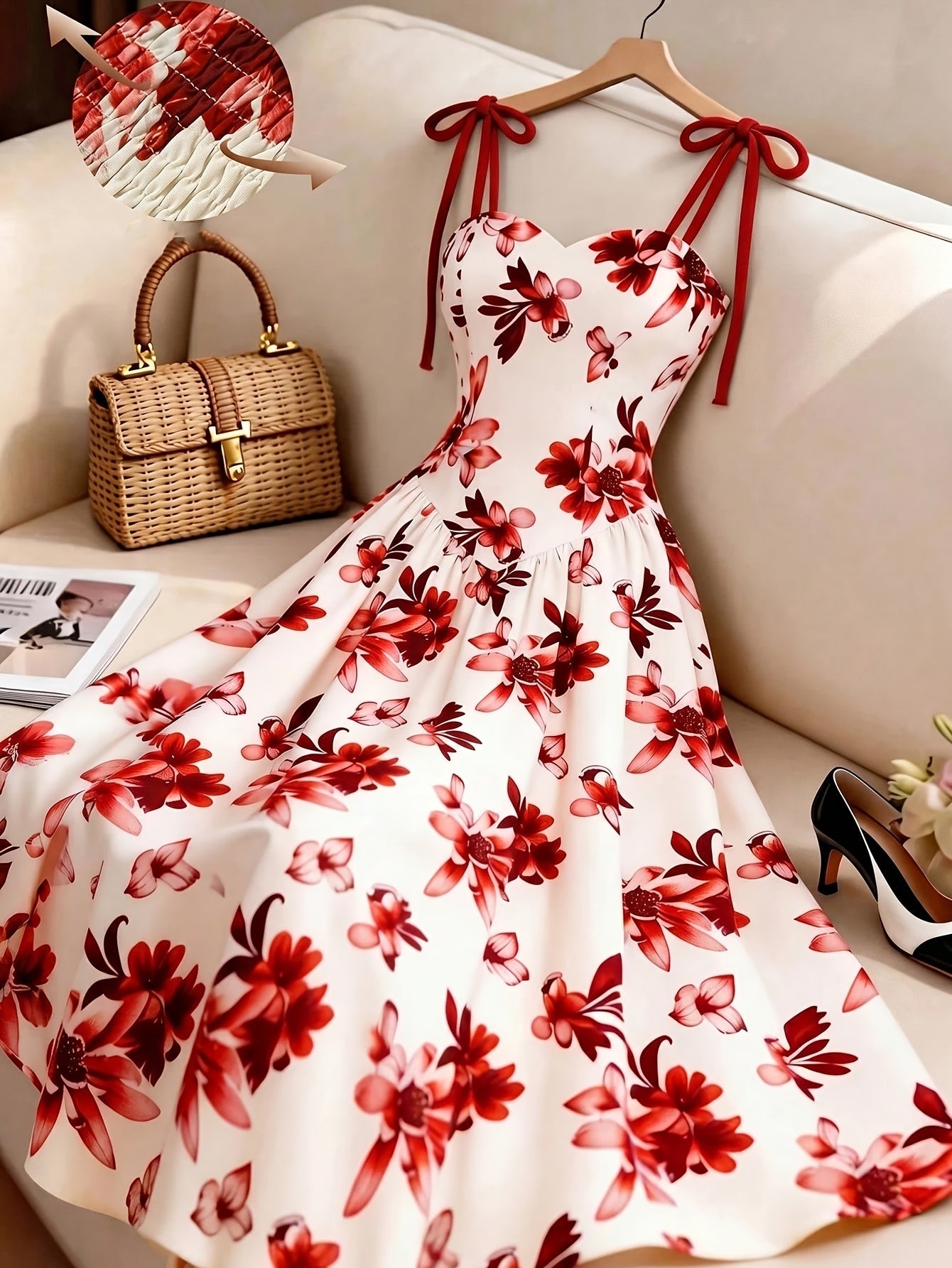 Damen Midikleid mit Blumenmuster und Schleifen-Trägern – Elegantes A-Linien Sommerkleid