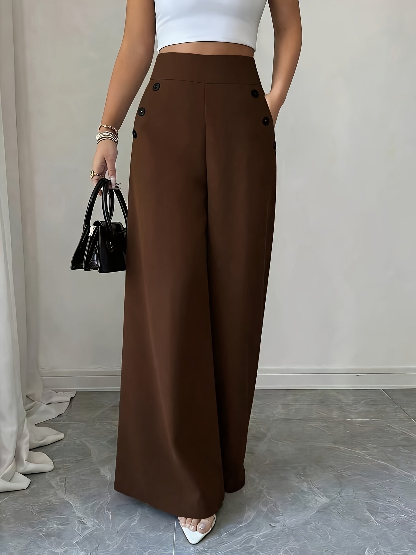 Damen Weitbeinige High-Waist Maritim-Hose mit Streifen und Knopfdetails – Eleganter Büro- und Freizeit-Look