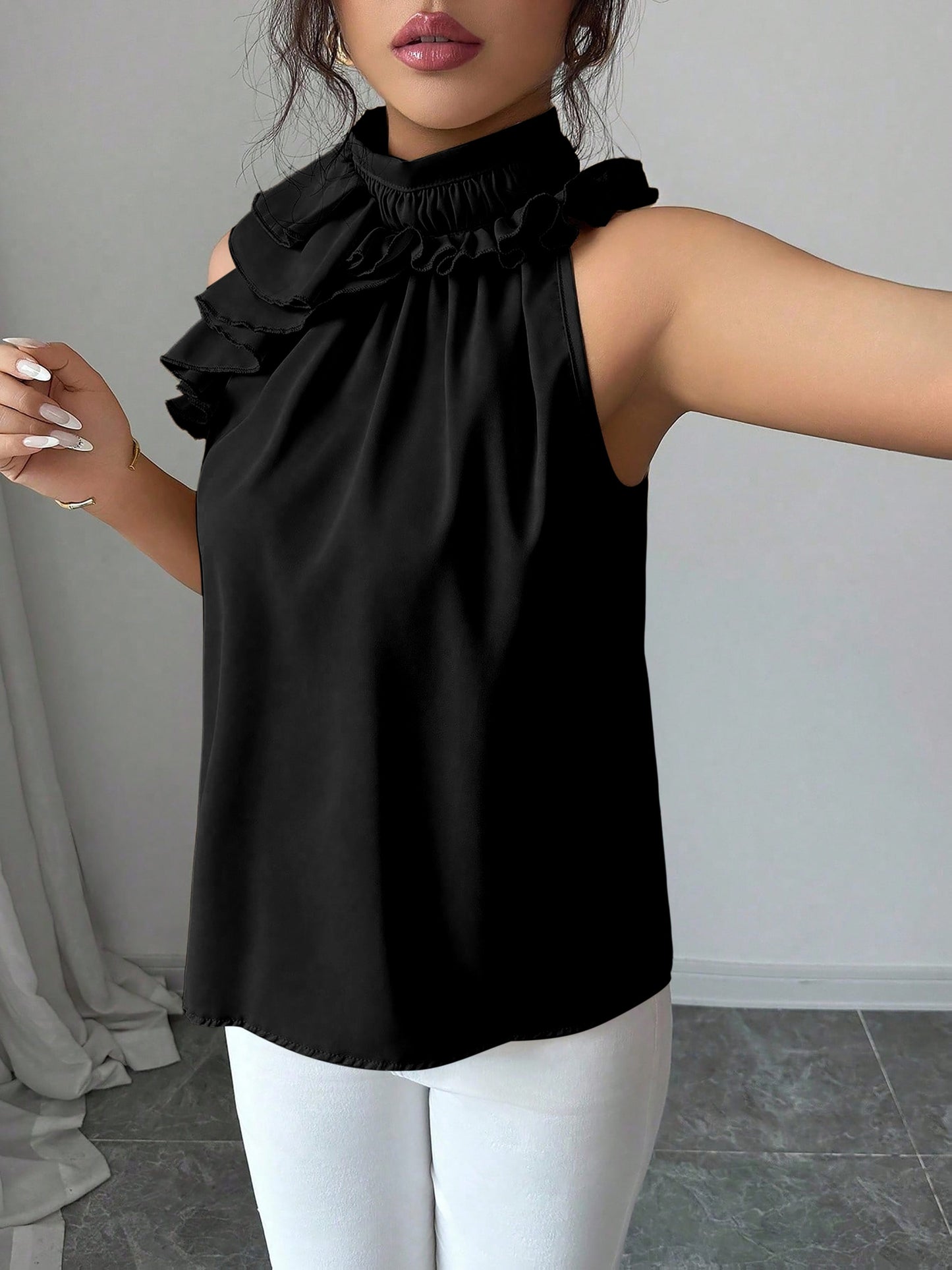 Damen Elegante Rüschenbluse mit Stehkragen – Ärmellos, Stilvoll, Für Büro und besondere Anlässe