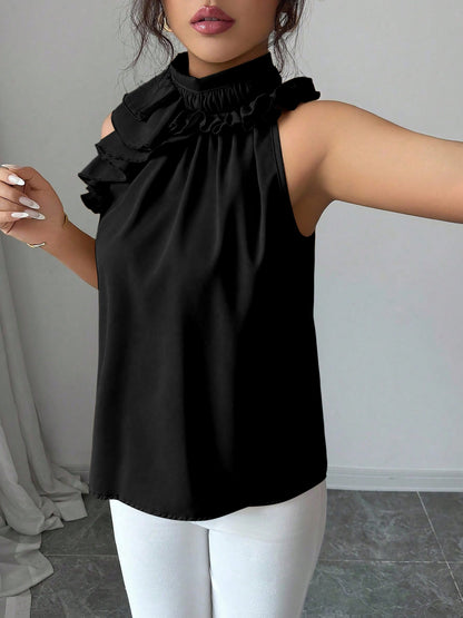 Damen Elegante Rüschenbluse mit Stehkragen – Ärmellos, Stilvoll, Für Büro und besondere Anlässe