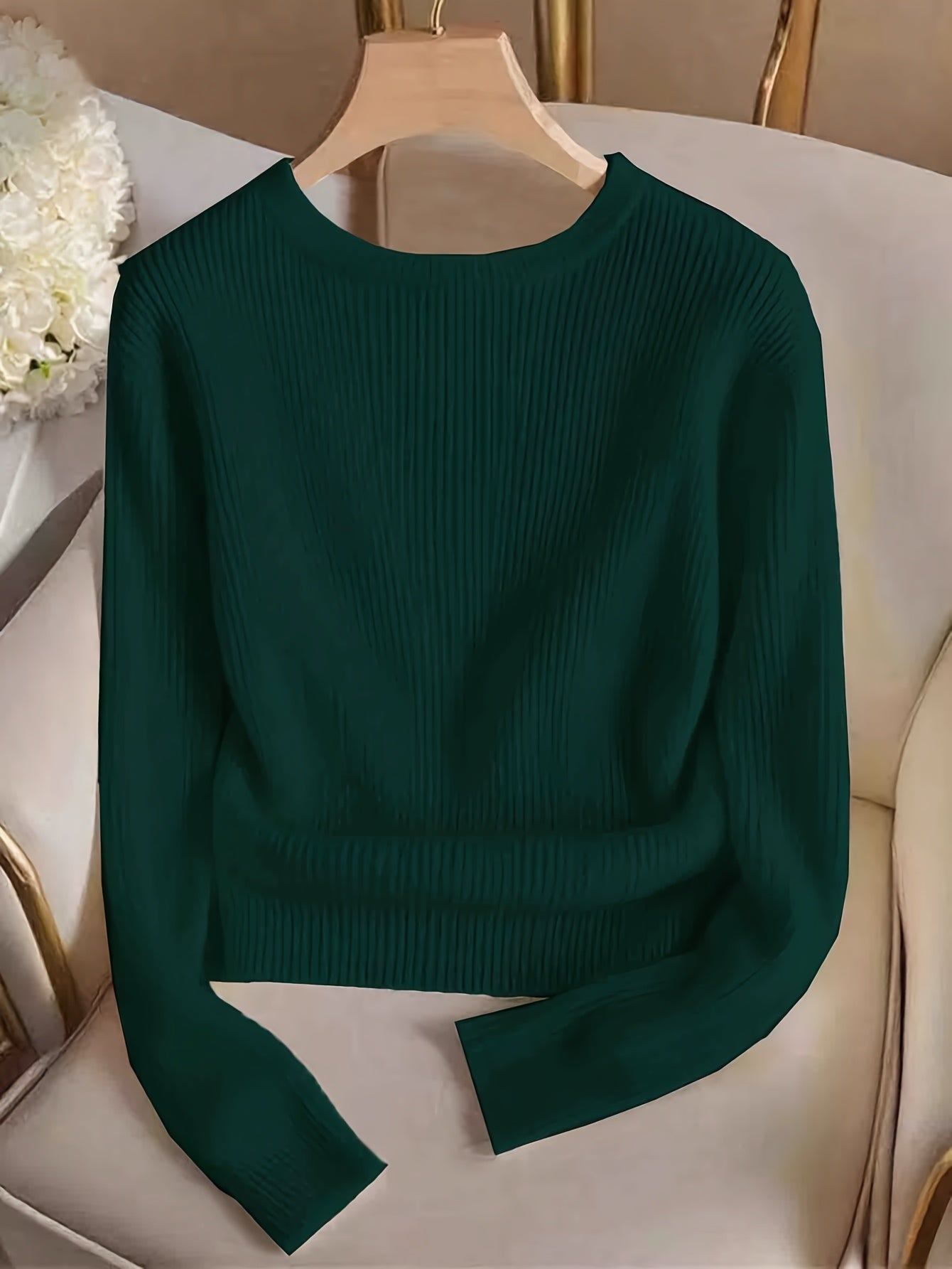 Damen Gerippter Pullover Langarm Rundhals mit Zierknöpfen