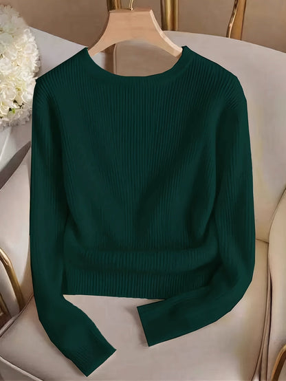 Damen Gerippter Pullover Langarm Rundhals mit Zierknöpfen