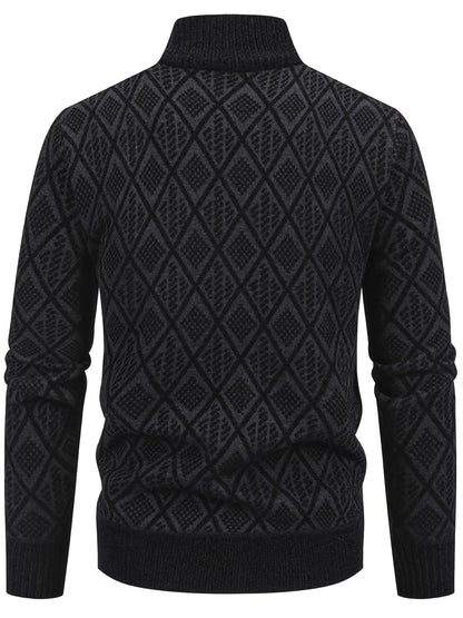 Herren Strickjacke Rautenmuster Stehkragen Reißverschluss Feinstrick Casual