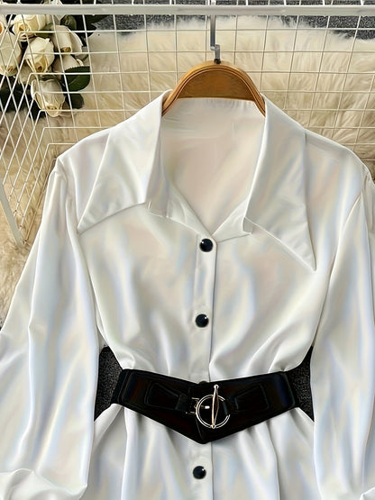 Damen Hemdbluse Langarm Weiß Glänzend mit Kragen und Gürtel