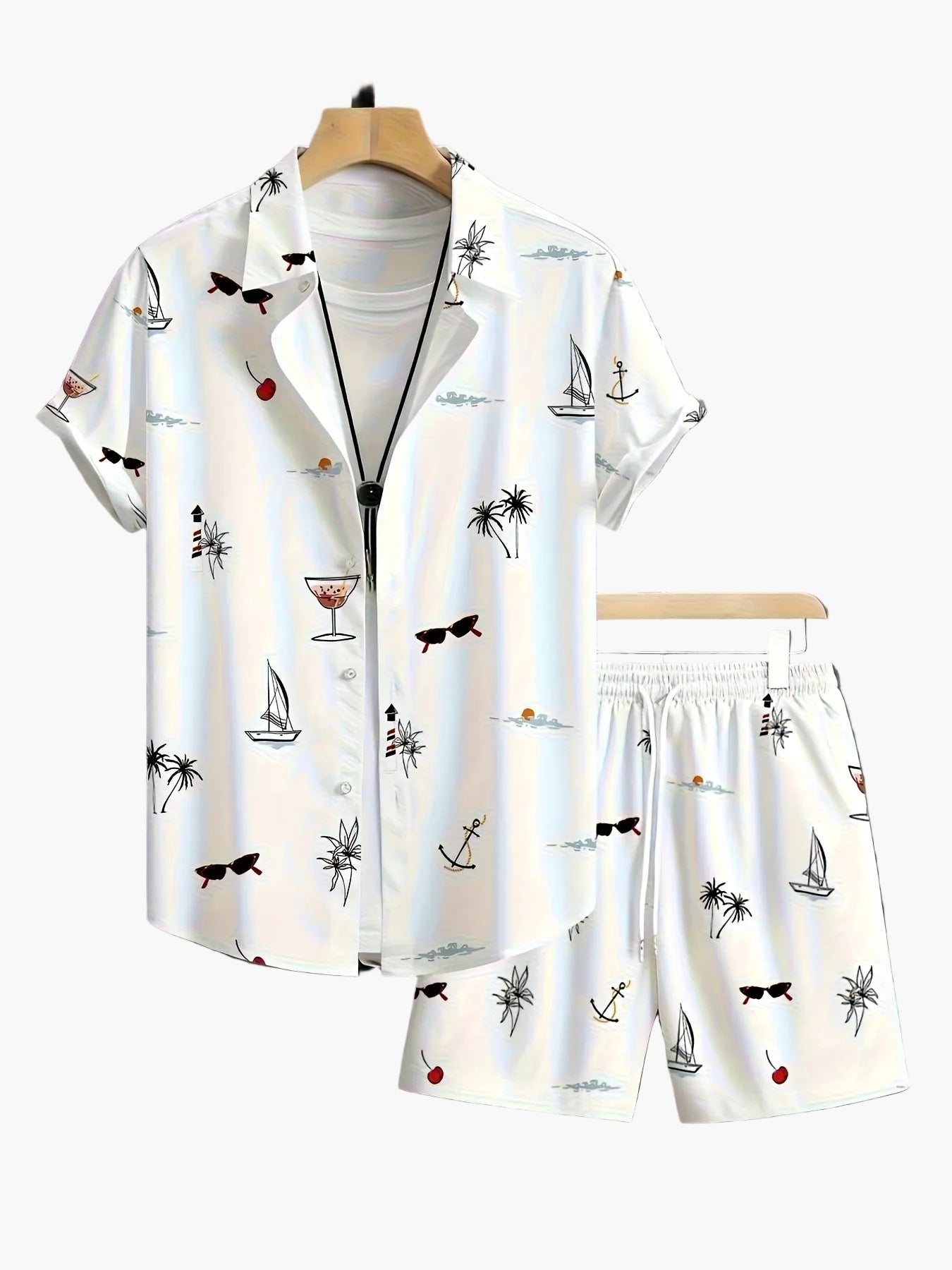 Herren Sommer Set – Kurzarm Hemd und Shorts mit maritimen Print, Freizeit Outfit für Urlaub und Strand