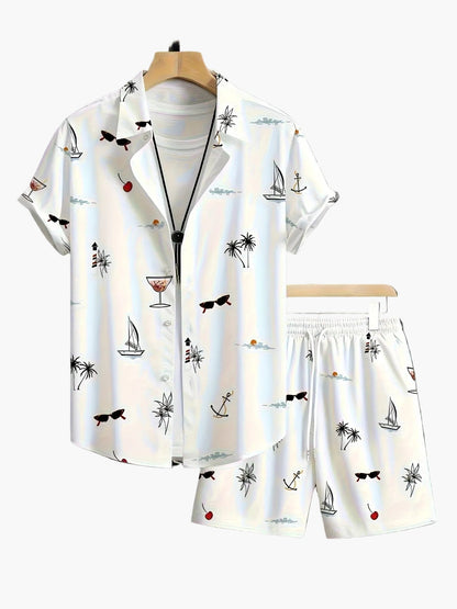 Herren Sommer Set – Kurzarm Hemd und Shorts mit maritimen Print, Freizeit Outfit für Urlaub und Strand