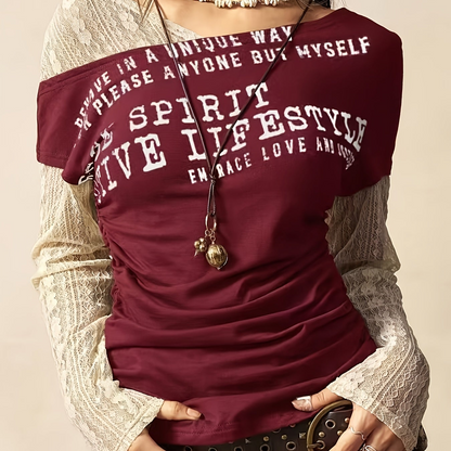 Damen Off-Shoulder T-Shirt mit Schriftzug & geraffter Taille