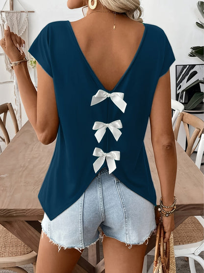 Damen Trendiges Rückendetail-Shirt mit Schleifen und V-Ausschnitt – Perfekt für Sommer, Freizeit & Urlaub