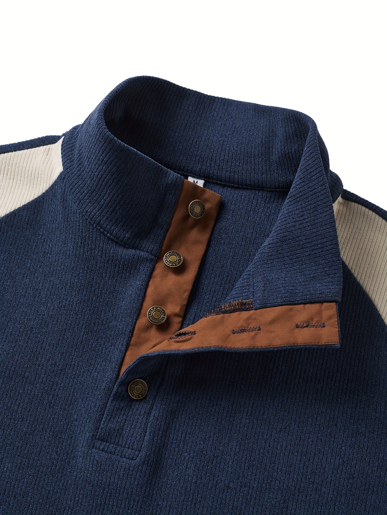Herren Strickpullover Blau Beige mit Stehkragen und Ellenbogen-Patches