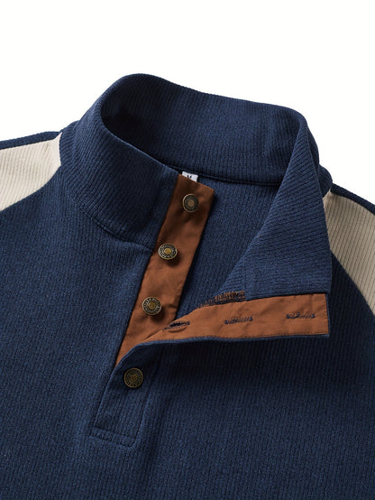 Herren Strickpullover Blau Beige mit Stehkragen und Ellenbogen-Patches