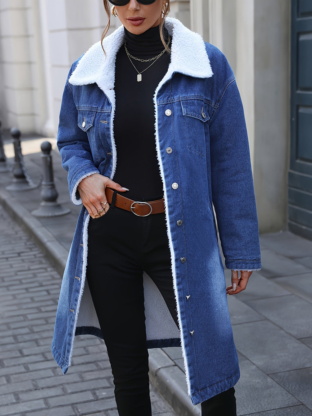 Damen Jeansmantel mit Teddyfutter, mittellang, Dunkelblau