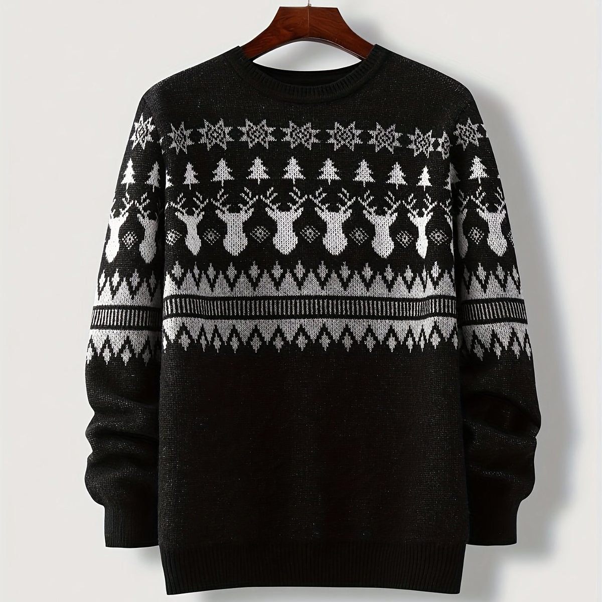 Unisex Winterpullover Rundhals mit Jacquard Rentier- & Schneeflockenmuster