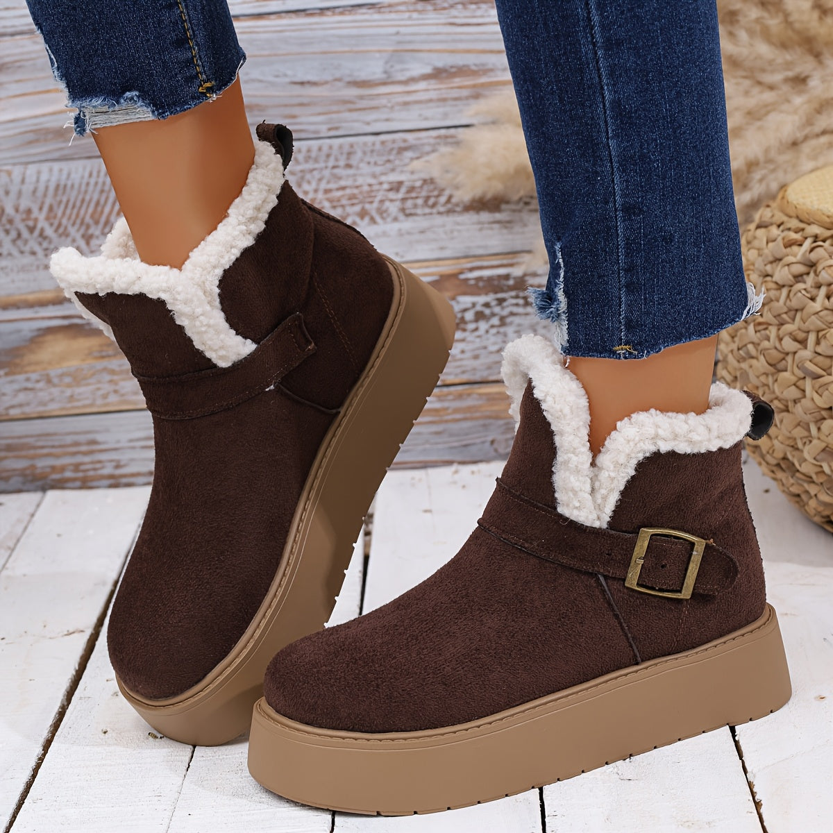 Damen Plateauschuh Winterstiefelette Schwarz mit Kunstfellfutter & Schnalle