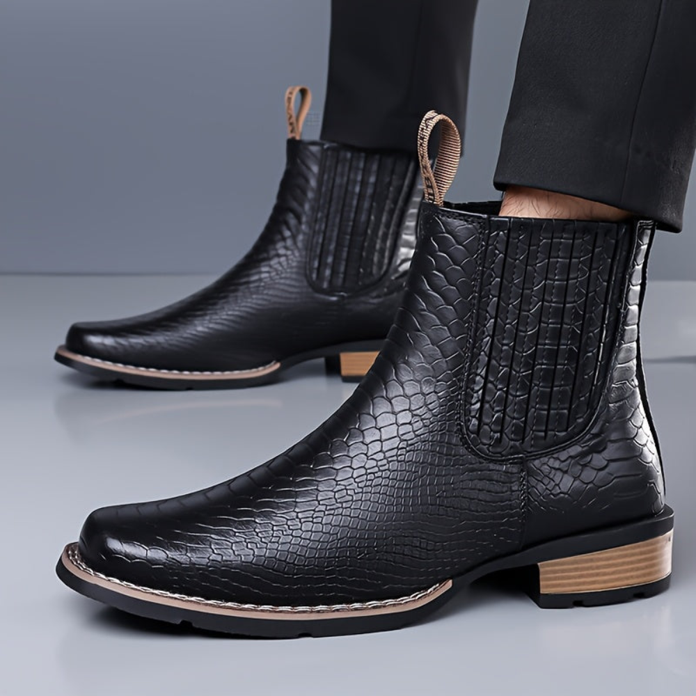 Herren Stiefelette Kroko-Prägung Quadratische Spitze Elastikeinsätze