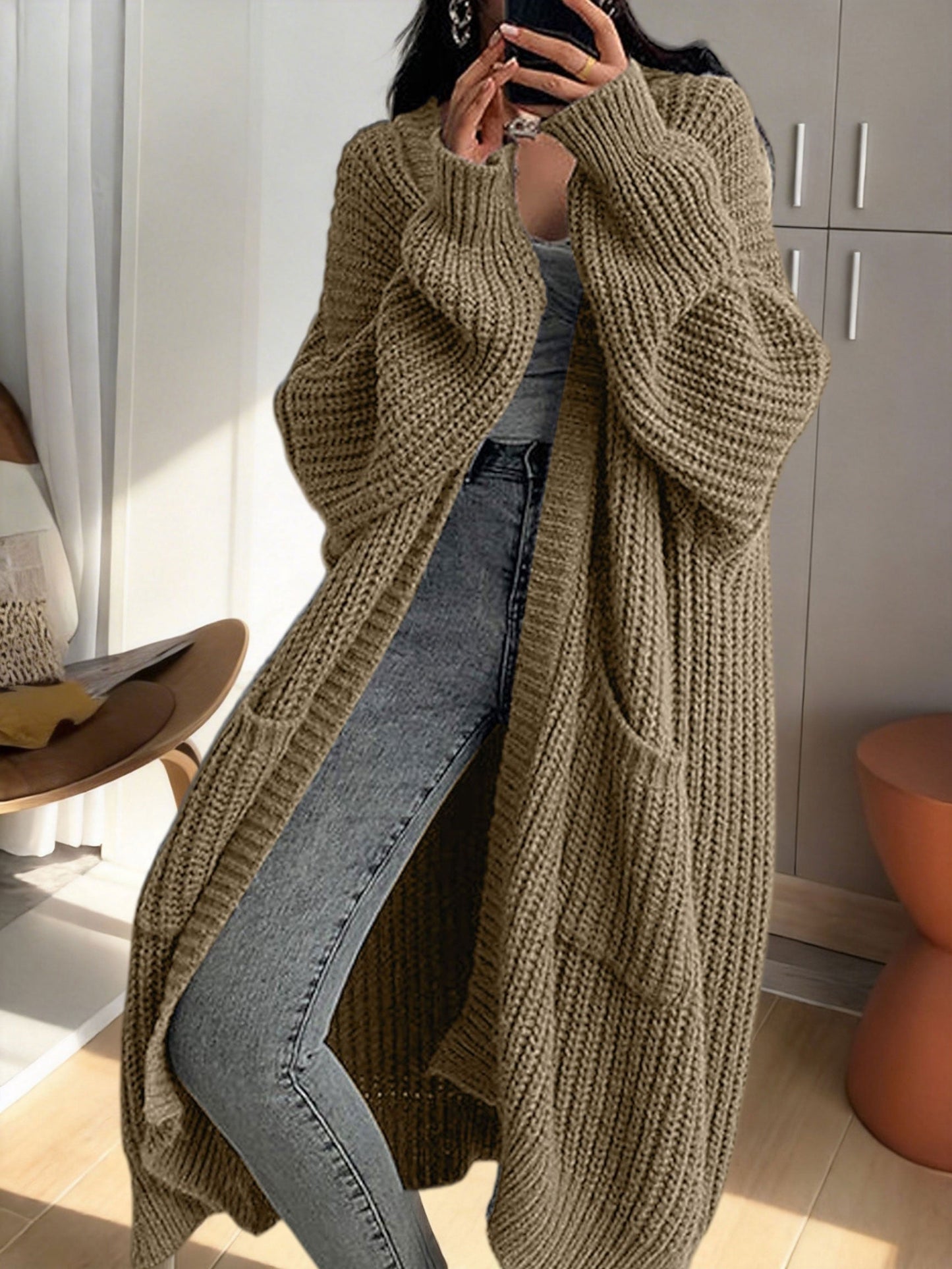 Damen Oversize Strick-Cardigan Lang Offene Front mit Taschen – Lässiger Streetstyle
