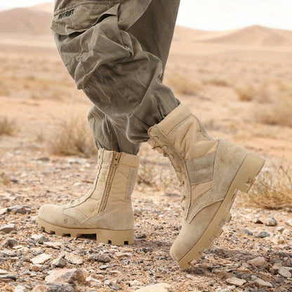 Stiefel Herren Beige Outdoor Schnürstiefel mit Reißverschluss Hoher Schaft
