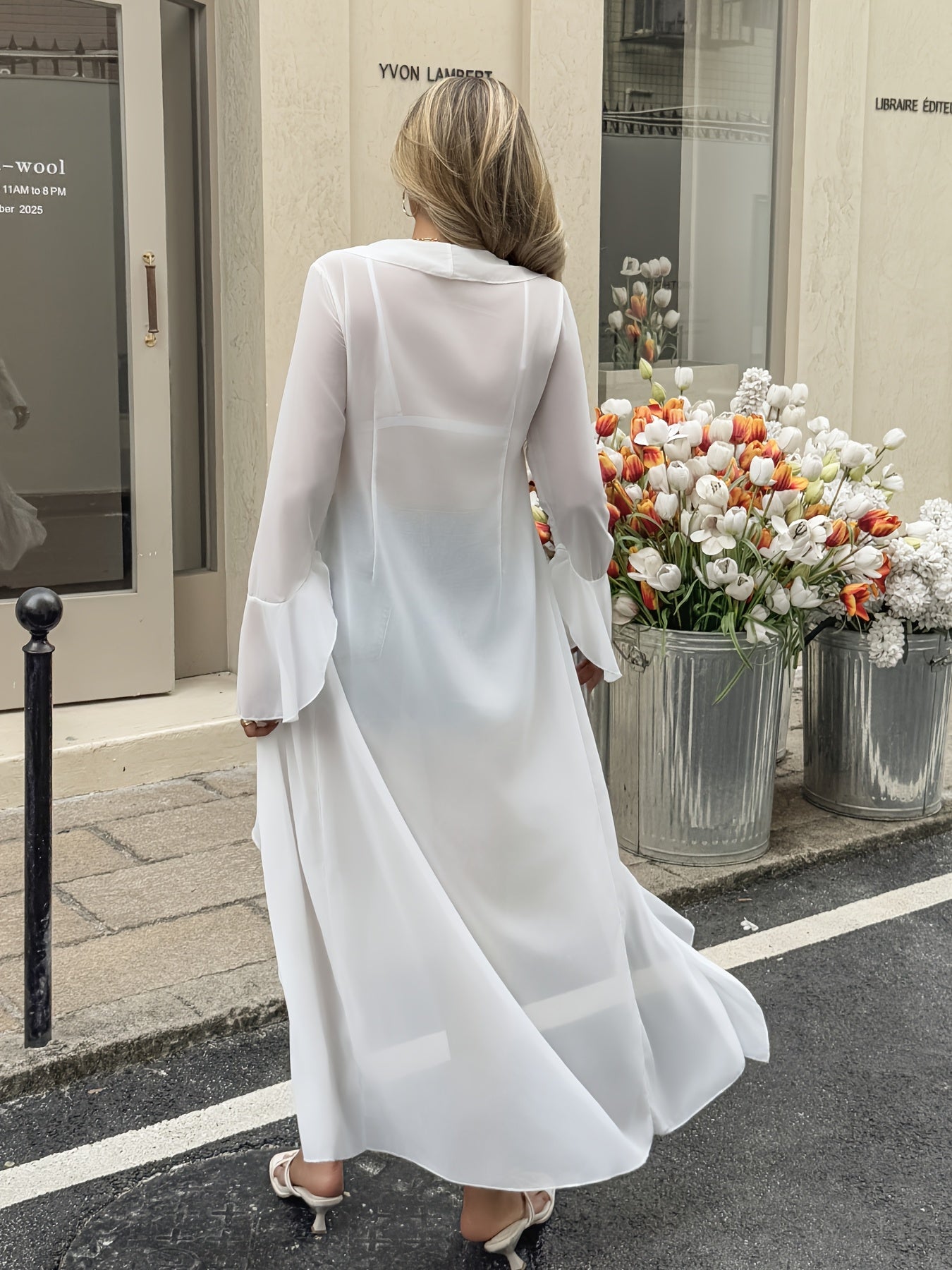 Damen Eleganter Langer Strand Kimono mit Rüschen und Offenem Schnitt – Stilvolle Überwurfjacke für Urlaub und Freizeit