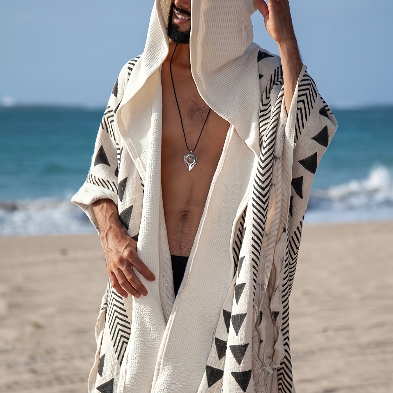Herren Boho Poncho mit Kapuze – Geometrisches Muster, Überwurf für Strand und Festival