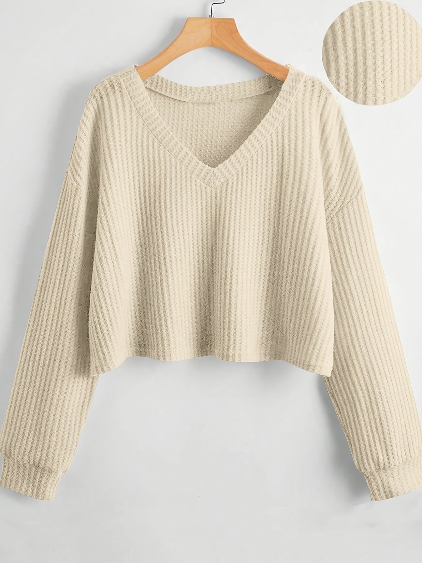 Damen Crop Pullover V-Ausschnitt Langarm Waffelstruktur Schwarz