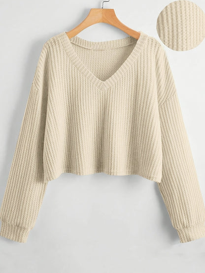 Damen Crop Pullover V-Ausschnitt Langarm Waffelstruktur Schwarz