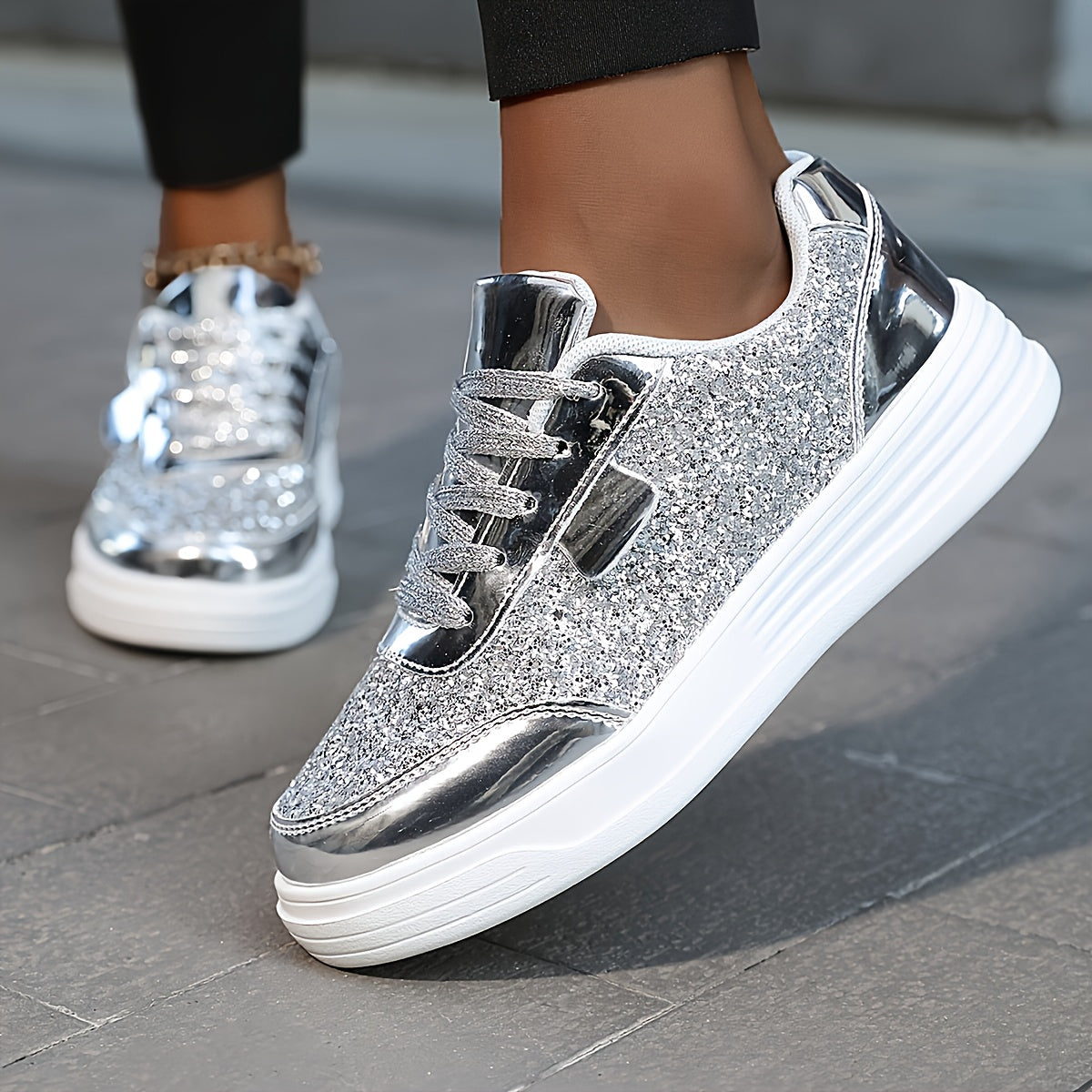 Damen Glitzer Sneaker für Alltag und Party – Modische Freizeitschuhe mit Plateau und Glanz-Effekt