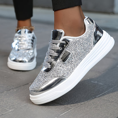 Damen Glitzer Sneaker für Alltag und Party – Modische Freizeitschuhe mit Plateau und Glanz-Effekt