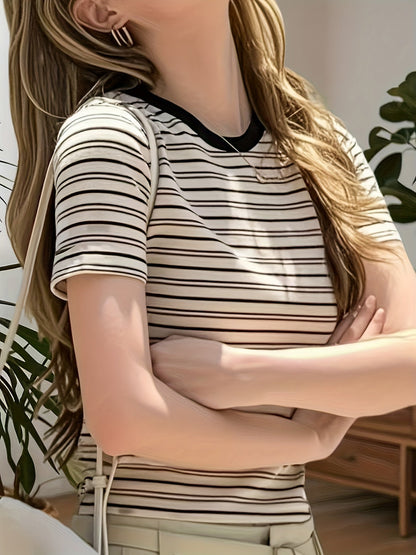 Damen Kurzarm Streifen T-Shirt mit Rundhalsausschnitt – Eleganter Alltags-Look